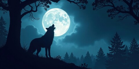 Fototapeta premium Lone Wolf Howling at the Full Moon in a Dark Forest Under a Night Sky