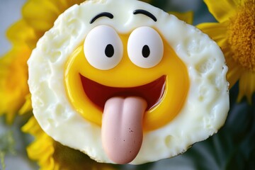 Close-up shot of an egg with a tongue sticking out, perfect for illustration or design