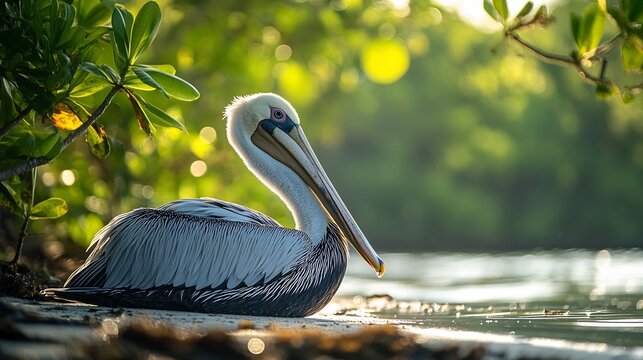 Pelican Resting Under Shade of Mangrove Tree
