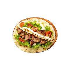 Delicious beef shawarma with vegetables isolated on a transparent background.