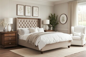 Elegant bedroom interior design, beige upholstered bed, calm atmosphere, window view, home decor