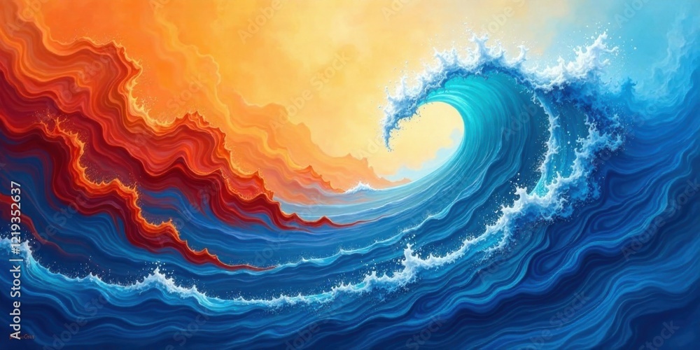 Fototapete abstract ocean wave art a vibrant depiction of a powerful, curling wave contrasted against a fiery, 