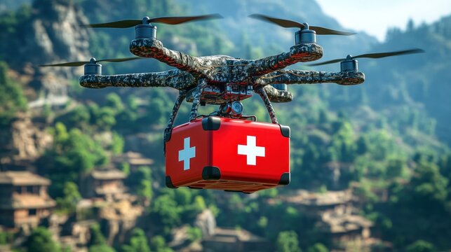 A drone delivering a medical kit in a mountainous area.