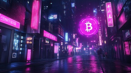 A cyberpunk city street at night with a glowing bitcoin sign.
