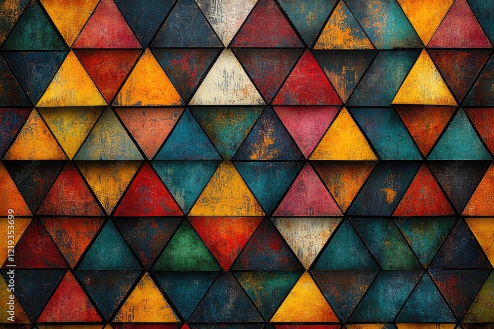 Aufkleber a colorful wall featuring a geometric pattern of triangles, ideal for use in designs related to mode