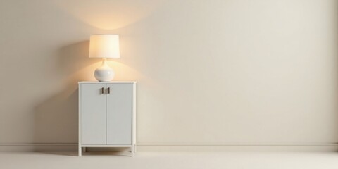 A minimalist interior scene featuring a softly lit table lamp on a white cabinet against a neutral wall