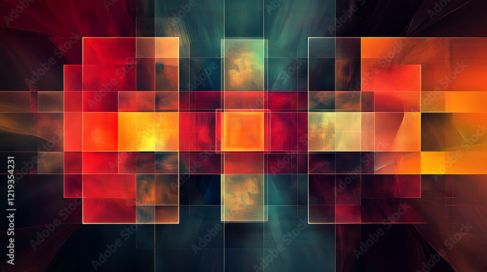 Poster dynamic abstract composition digital art colorful geometric patterns modern design high-contrast vie