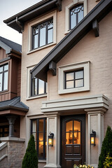 Naklejka premium Luxury Home Exterior: Modern Architectural Design, Elegant Facade, and Luxurious Entrance. Real Estate Photography