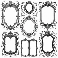 Intricately Hand-Drawn Vintage Frames with Ornate Floral and Baroque Detailing in Black and White