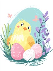 Cute chick celebrating easter with colorful eggs and flowers