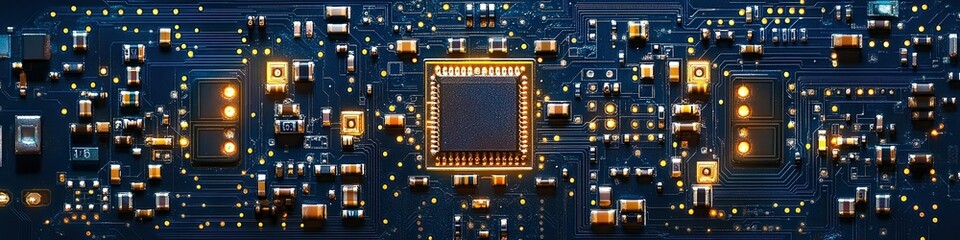 Fototapeta premium Microscopic circuit board with glowing diodes and symmetrical design. Fine lines resemble a digital maze, glowing under soft blue light, showcasing futuristic technology.
