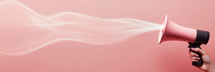 Hand holding a pink megaphone, projecting a vibrant white sound wave against a pink background, symbolizing effective communication, impactful announcements, and creative promotions