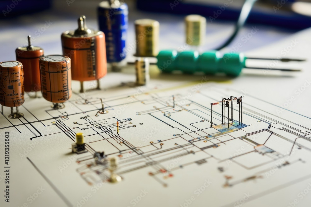 Poster high-quality image of various electronic components arranged on a table, suitable for use in tech-re