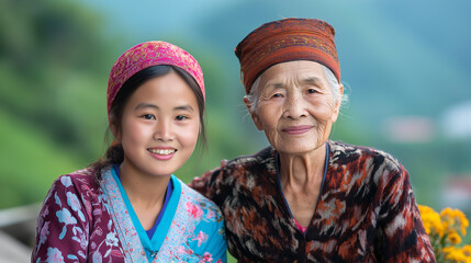 An elderly woman and a young girl, both in traditional clothing, sharing a joyful moment together