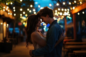 Romantic Embrace Under Twinkling Lights