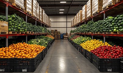 Warehouse Produce Storage Fresh fruits and vegetables stacked in crates, inside a large distribution center, ready for shipment