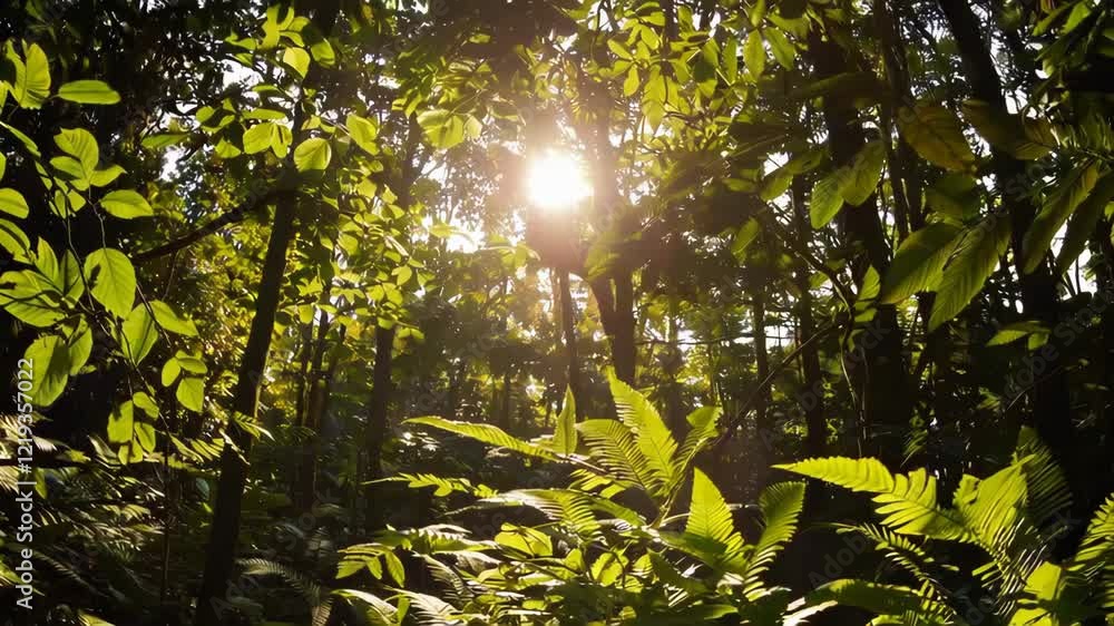Poster a lush rainforest canopy with sunlight streaming through, highlighting the vibrant greens and creati