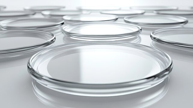 A minimalist arrangement of transparent, curved glass panels laid out in a grid pattern on a soft gradient background.