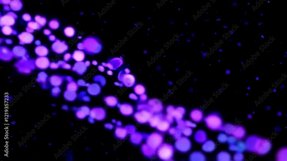 Poster A sleek dynamic wave of purple dots enhanced by neon glow effects, cascading smoothly over a deep black background. 
