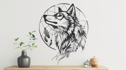 A howling wolf with dreamcatcher feathers around its neck