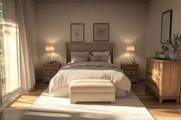 Sunny bedroom, calm interior design, morning light, wooden furniture, peaceful atmosphere, home decor
