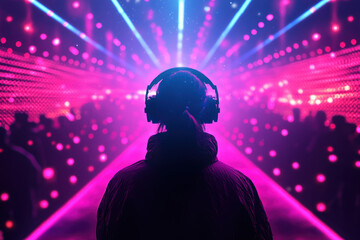 Silhouette of a DJ with headphones amidst glowing pink and blue neon lights.