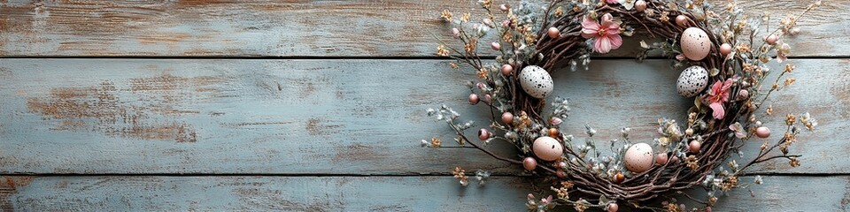 Obraz premium Rustic Easter wreath adorned with pastel eggs, dried flowers, and twigs hanging on weathered wooden background, blending tradition and elegance for spring celebrations.