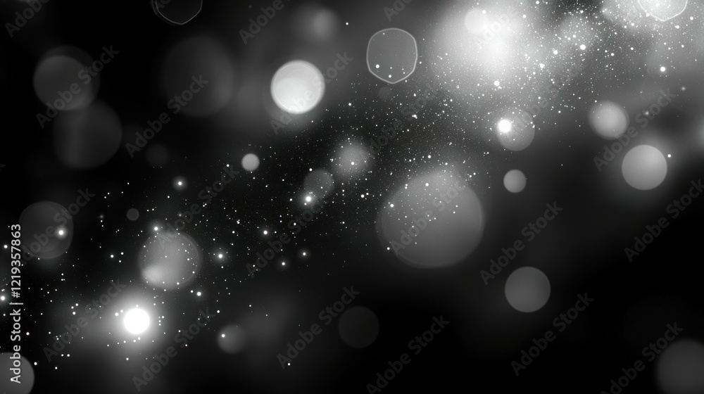 Poster glowing particles swirl in dark space, bokeh background, design element
