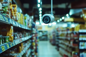 Cctv dome camera is recording video inside a grocery store, ensuring safety and preventing shoplifting in a retail environment with shelves full of products