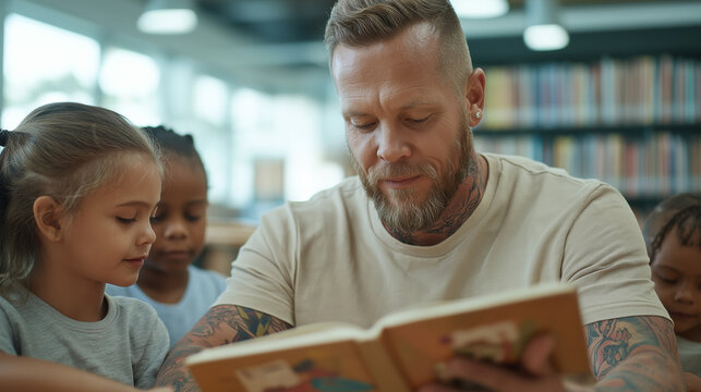 A tattooed man reading a children's book to a group of kids in a library setting