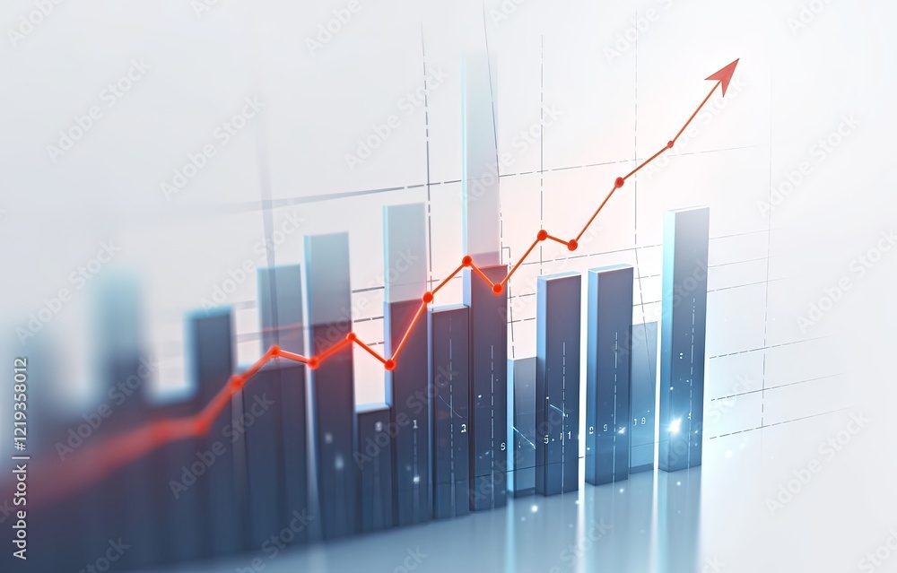 Poster 3d render of a red arrow pointing up on a graph with grey bars, set against a white background