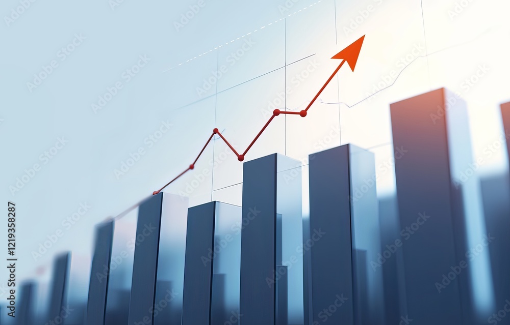 Poster 3d render of a red arrow pointing up on a graph with grey bars, set against a white background