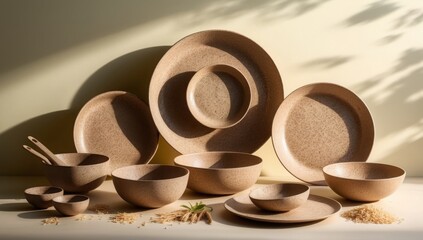 Eco-friendly kitchenware made from rice husk composites, including bowls, plates, and utensils, showcases sustainability with a bokeh effect.