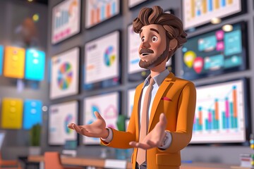 Character explaining complex data with animated graphs in a modern office setting.