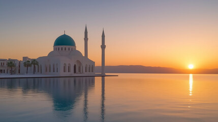 A tranquil sunset over the sea with a mosque silhouette reflecting on the calm waters