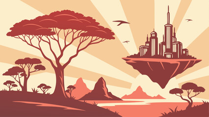 Futuristic Islandscape: Floating Urban Elements and Sci-Fi Nature in a Radiant Sunset Gradient Background with Glowing Clouds and Abstract Surreal Atmosphere