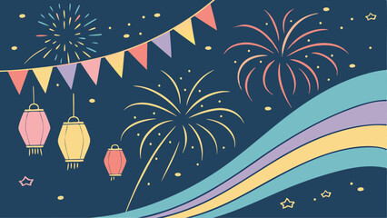 Festival Glow Wonderland: Lively Vector Background with Radiant Fireworks, Glowing Lanterns, and Vibrant Abstract Ribbons in a Dynamic Celebration Design