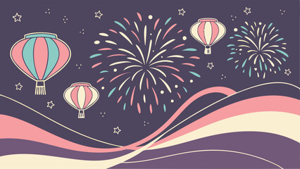Festival Glow Wonderland: Lively Vector Background with Radiant Fireworks, Glowing Lanterns, and Vibrant Abstract Ribbons in a Dynamic Celebration Design