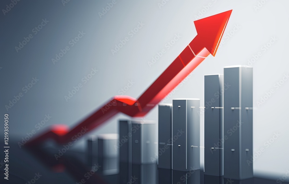 Aufkleber 3d render of a red arrow pointing up on a graph with grey bars, set against a white background