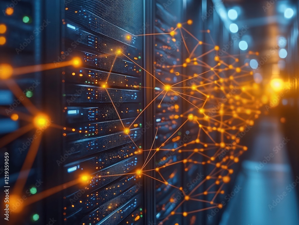 Poster high tech data center shows complex network of interconnected database servers. modern tech infrastr