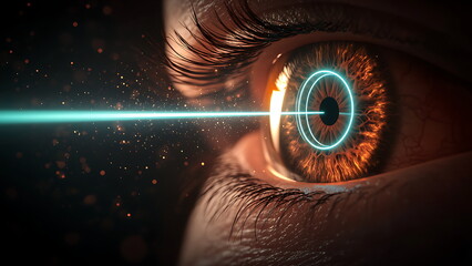 A close-up shot of the eye with bright light shining on the iris