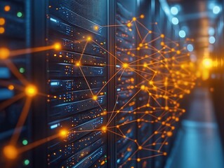 High tech data center shows complex network of interconnected database servers. Modern tech infrastructure data storage, management. Image emphasizes powerful tech solutions. Advanced data handling