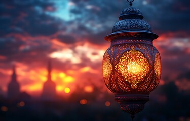 Illuminated Moroccan Lantern Against Vibrant Sunset Sky with Silhouettes of Buildings

