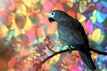 Obraz premium Vibrant Gray Parrot Perched on Colorful Branch with Blossoms Against a Backdrop of Stained Glass Patterns and Bright Floral Hues
