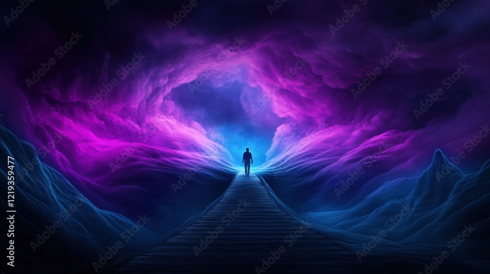 Poster mysterious pathway through vibrant cosmic clouds and ethereal light at the end of the journey