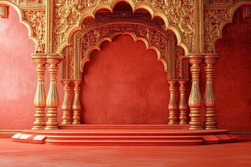 Golden pillars and arches create a majestic frame around a vibrant red wall, showcasing the opulent interior of an indian palace, perfect for a luxurious backdrop
