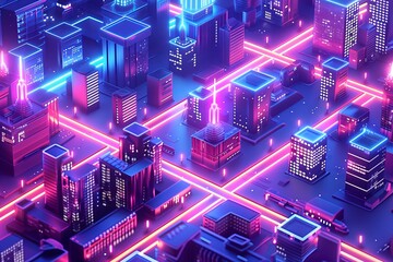 Fototapeta premium Colorful neon cityscape with futuristic buildings and vibrant light trails at night.