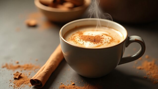 A frothy cappuccino with maple syrup and cinnamon sits in a sleek cup, with a cinnamon stick, steam rising softly in natural light.