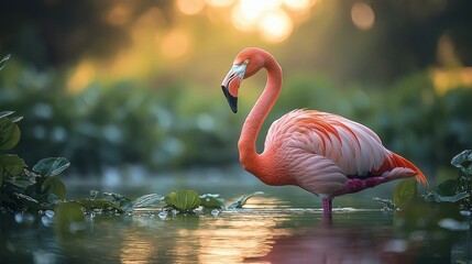Fototapeta premium Serene Flamingo at Golden Hour
