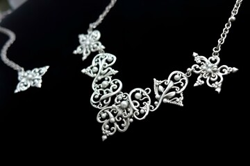 Silver jewelry necklace on dark background with elegant design and copy space